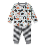 Children's Halloween-themed pajama set with cats, pumpkins, and ghosts on a light blue background.