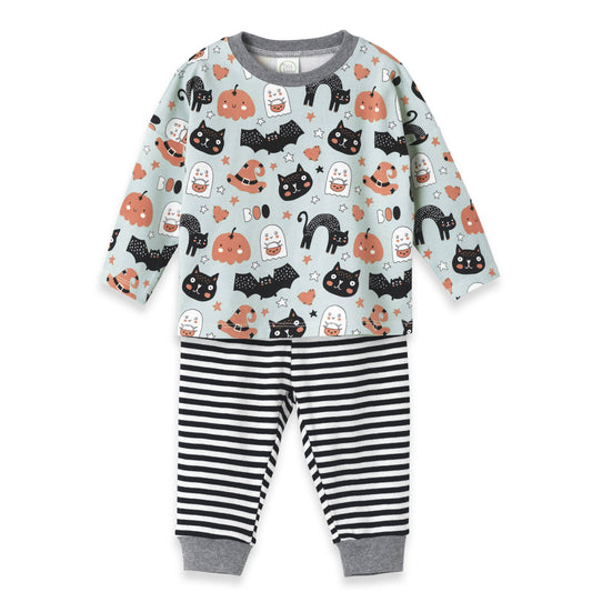 Children's Halloween-themed pajama set with cats, pumpkins, and ghosts on a light blue background.