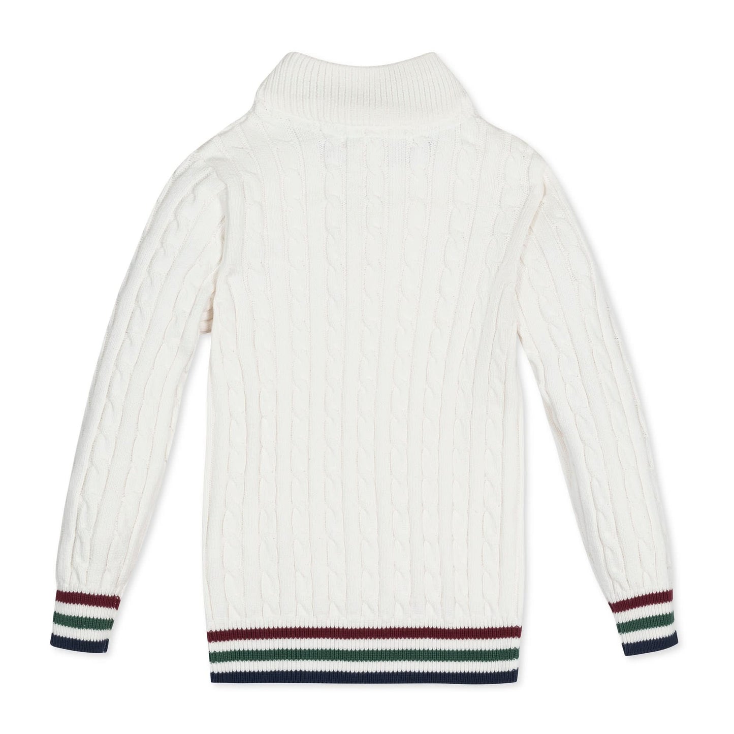 White ribbed sweater with striped cuffs and hem on a white background