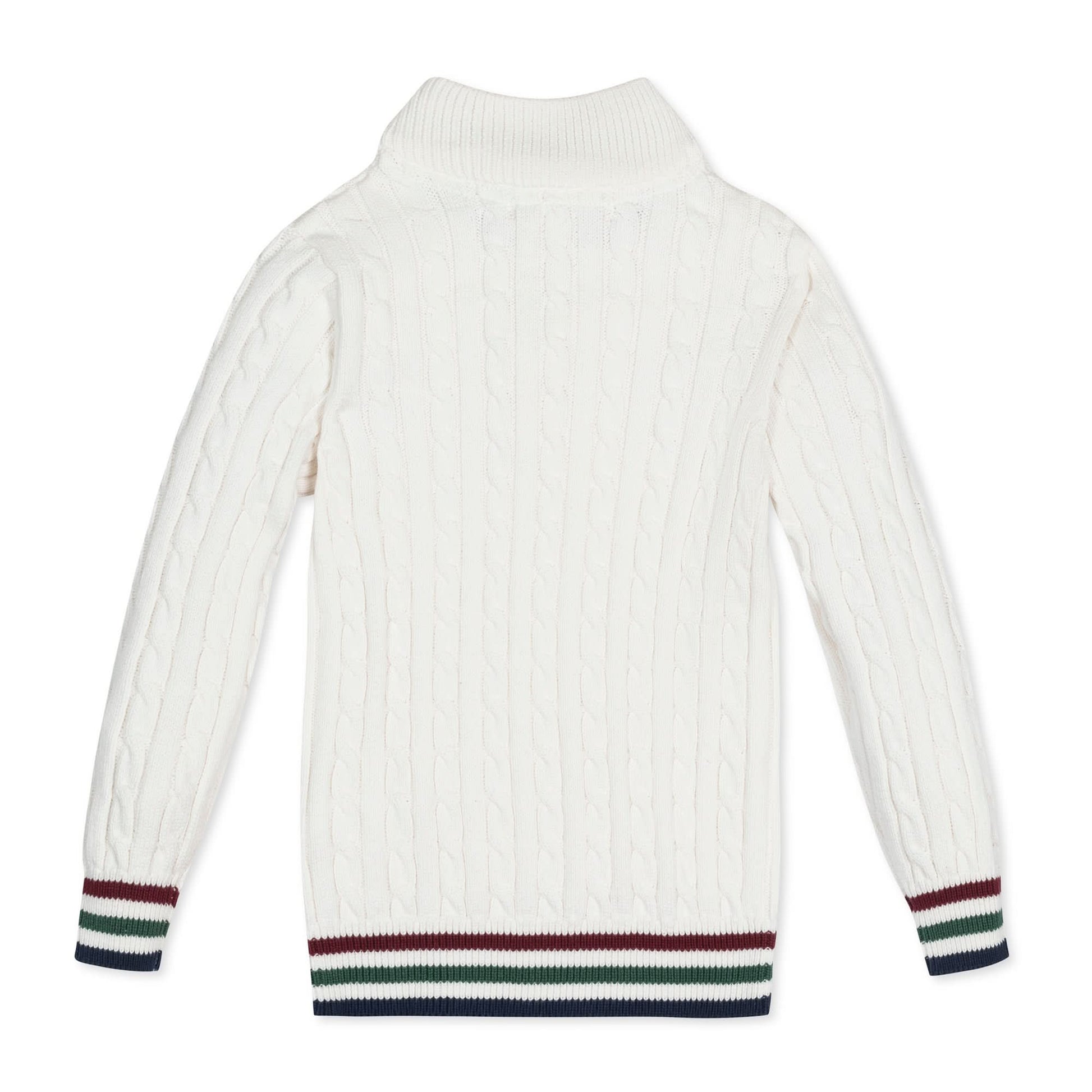 White ribbed sweater with striped cuffs and hem on a white background
