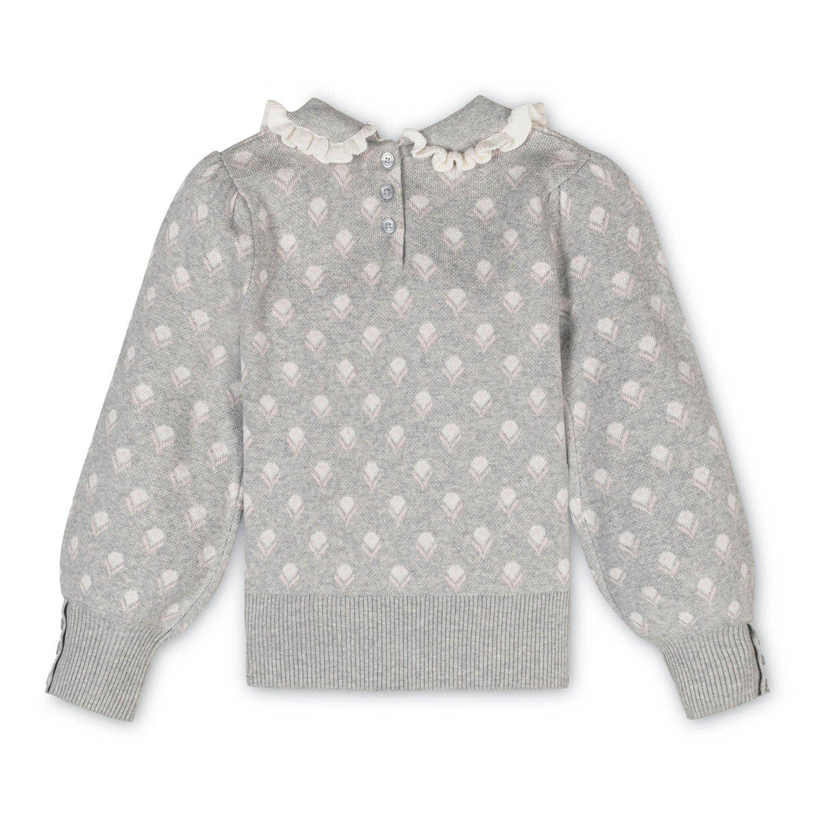 back of Gray sweater with white heart pattern on a white background
