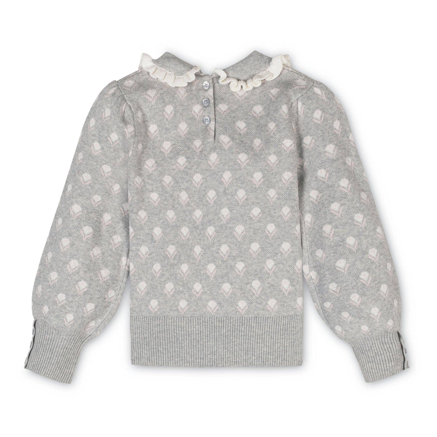 back of Gray sweater with white heart pattern on a white background