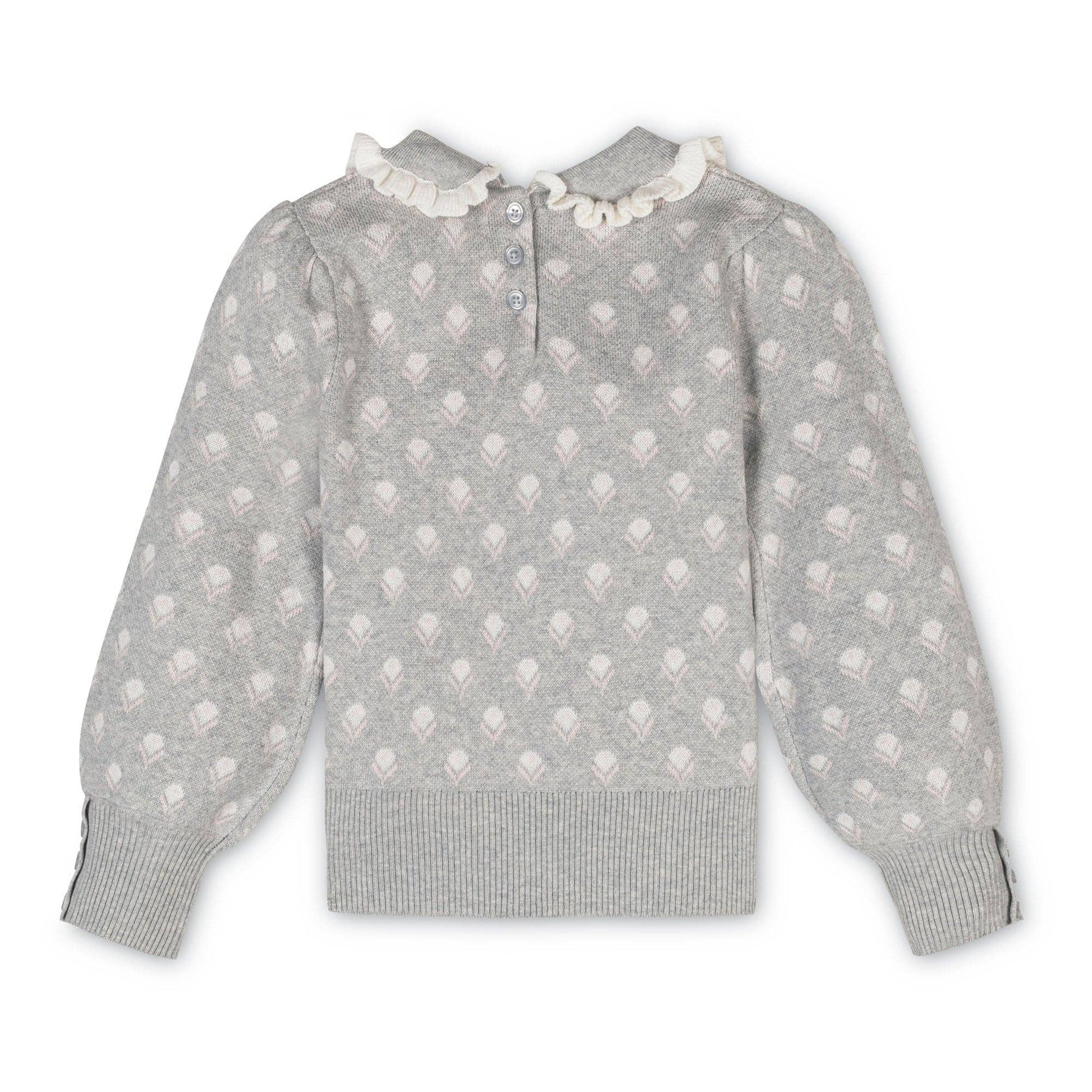 back of Gray sweater with white heart pattern on a white background