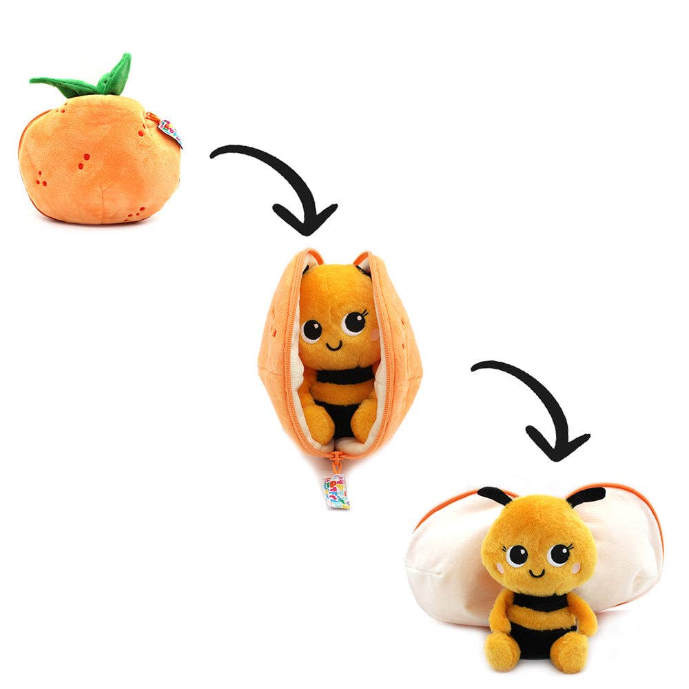 Plush toy that transforms from an tangerine into a bee character with arrows indicating the transformation.