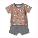 Children's outfit with cowboy-themed shirt and gray shorts on a white background