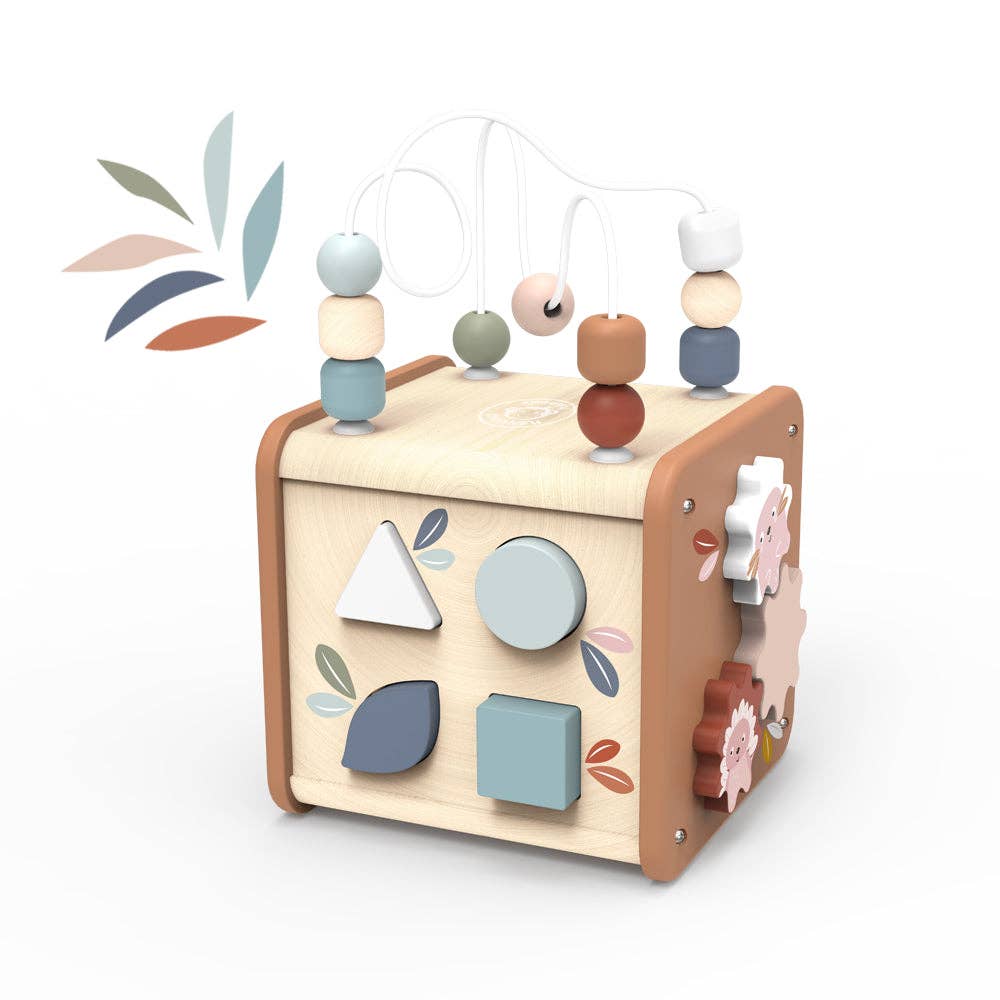 Wooden toy with beads and shape sorter on a white background