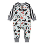 Baby onesie with Halloween-themed pattern on a white background