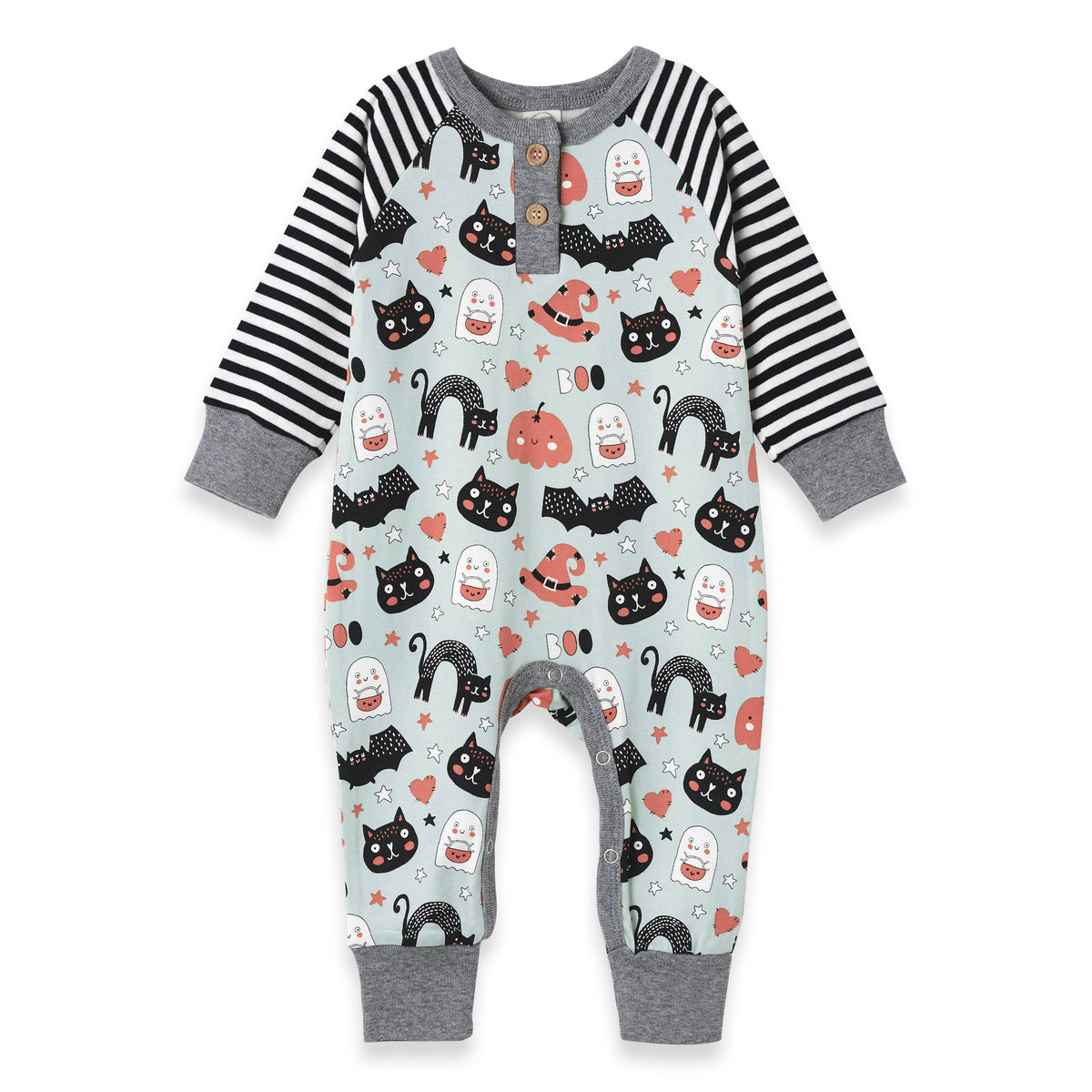 Baby onesie with Halloween-themed pattern on a white background