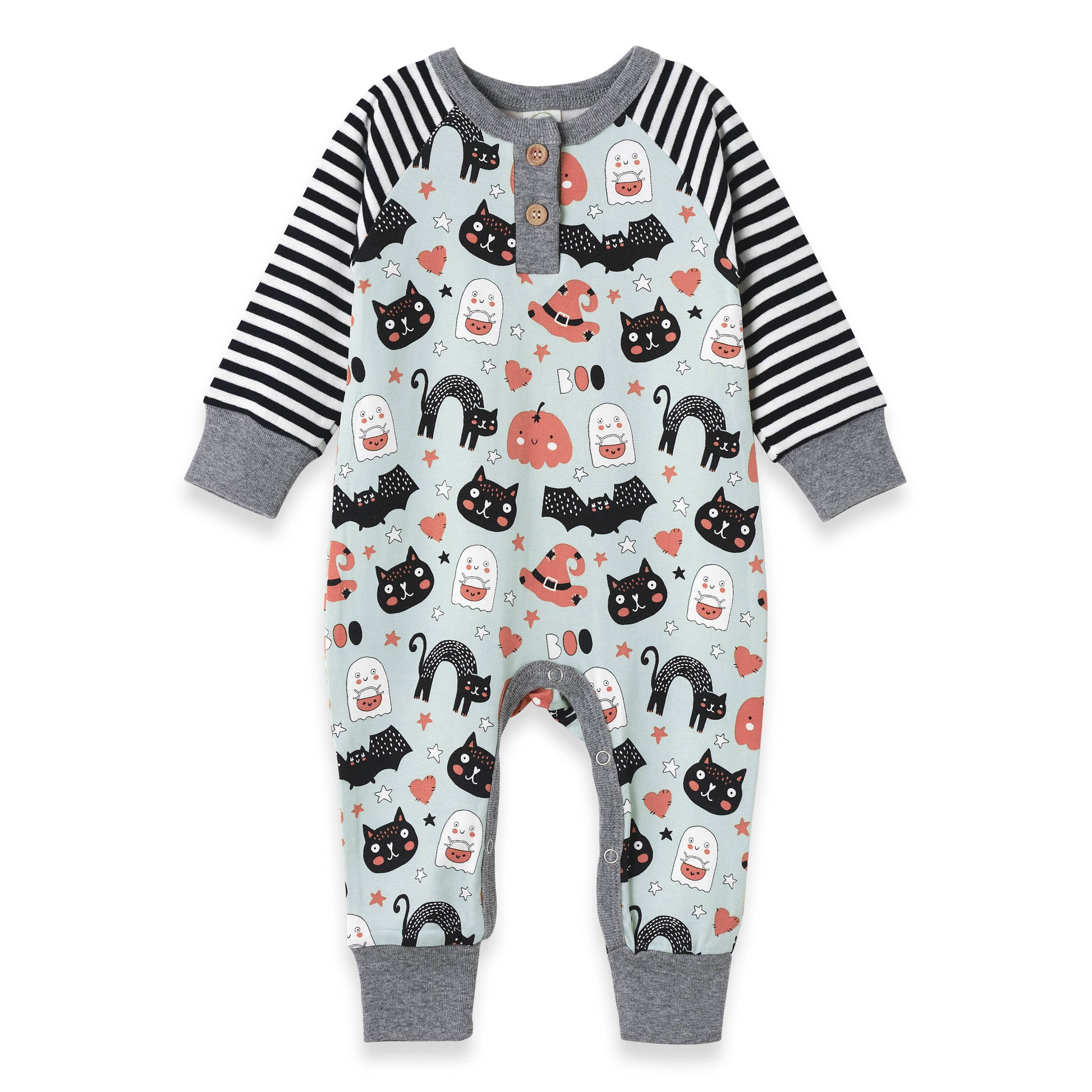Baby onesie with Halloween-themed pattern on a white background