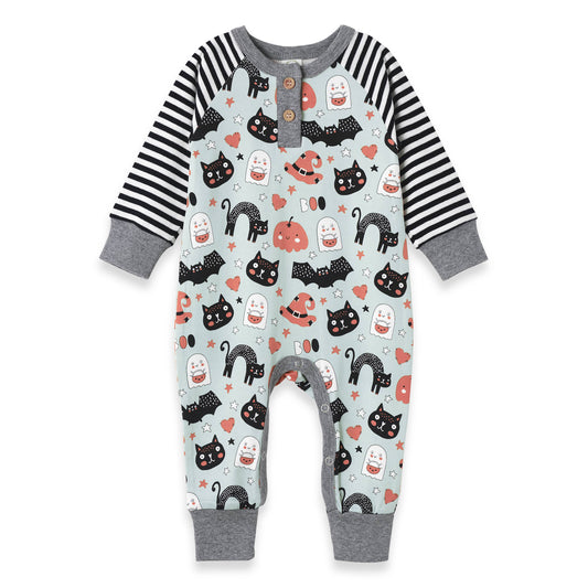 Baby onesie with Halloween-themed pattern on a white background