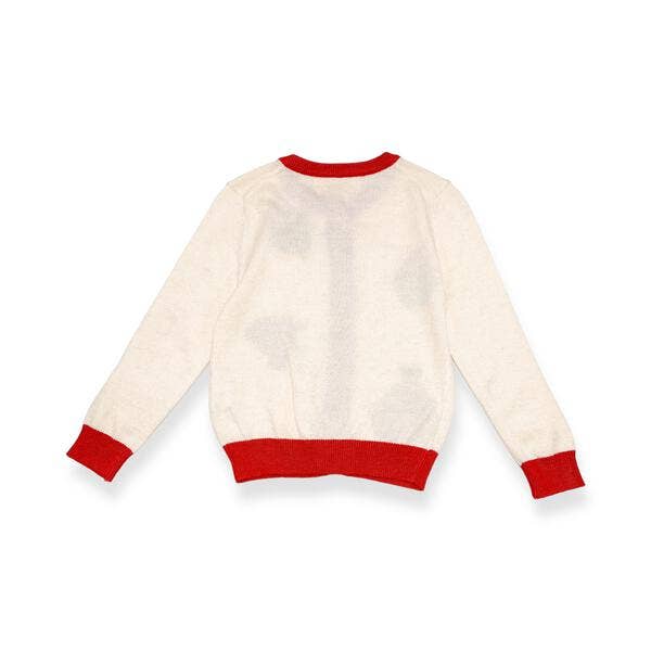 White sweater with red trim on a white background