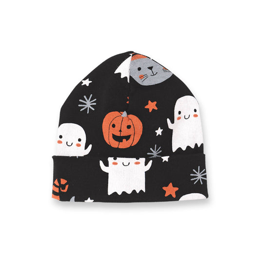 Halloween-themed beanie with ghosts, pumpkins, and bats on a black background