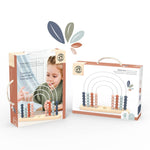 Wooden abacus toy with packaging on a white background