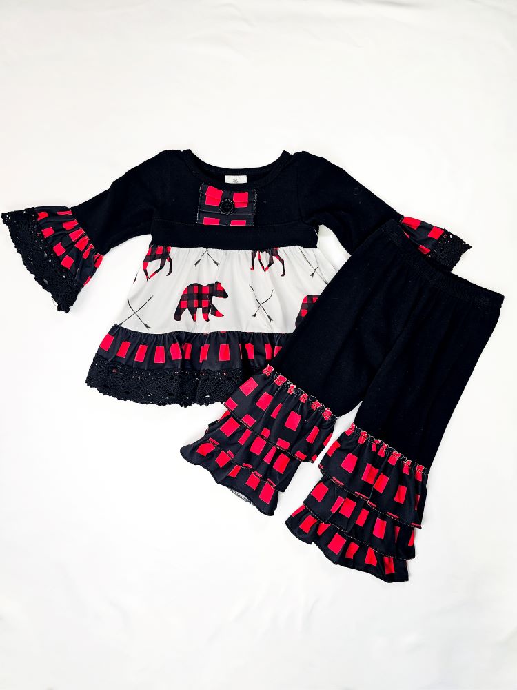 Ruffle Plaid Christmas Animal Pant Set