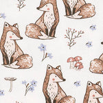 Pattern of foxes, mushrooms, and flowers on a white background