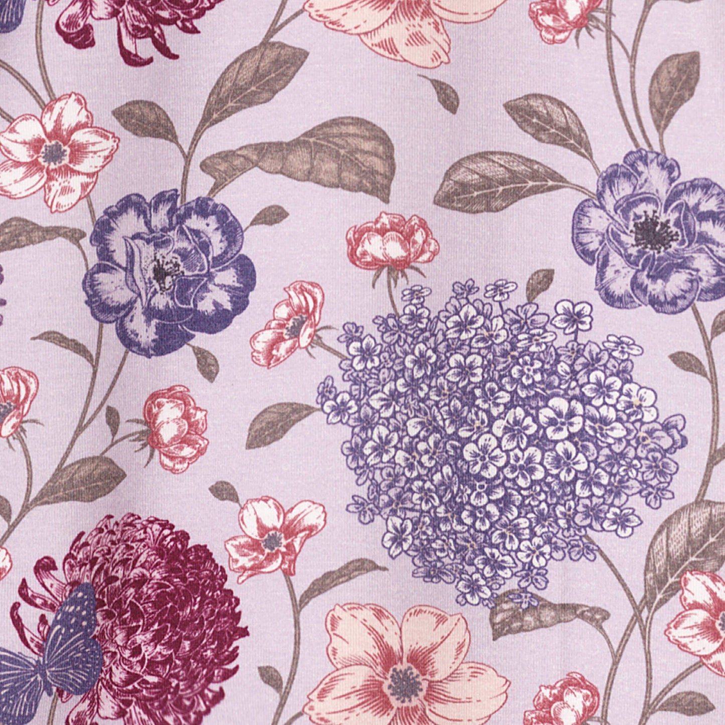 Floral pattern with purple, pink, and red flowers on a light background