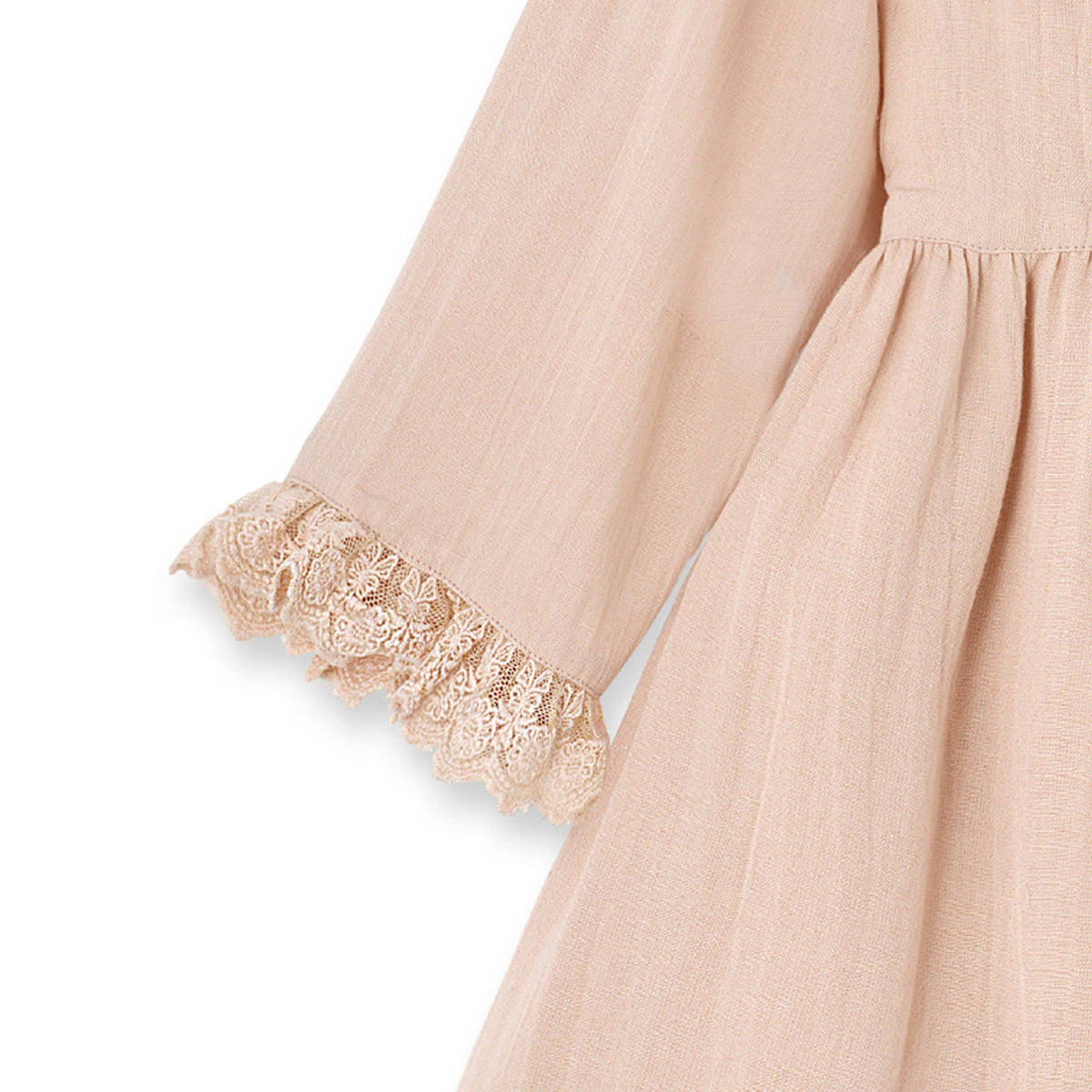 Beige dress sleeve with lace trim on a white background