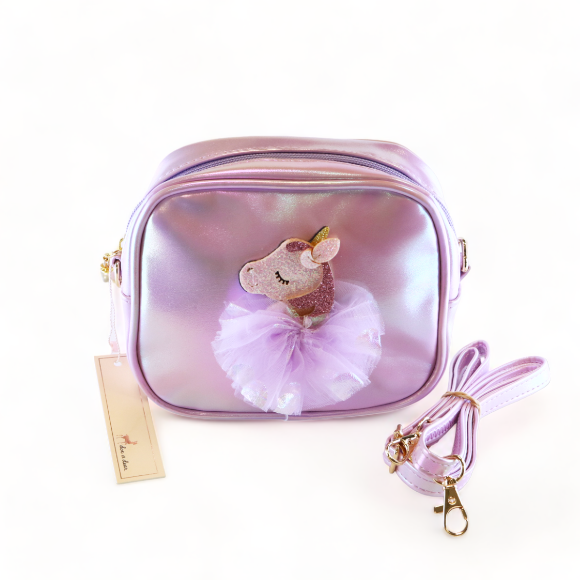 Purple unicorn-themed pouch with a strap on a white background