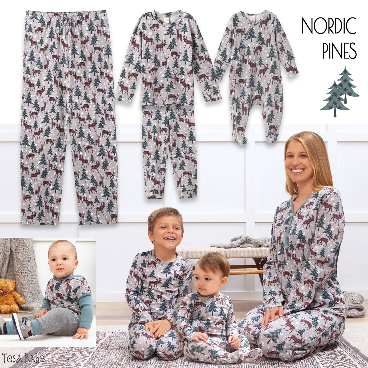 Family wearing matching nordic pines themed pajamas