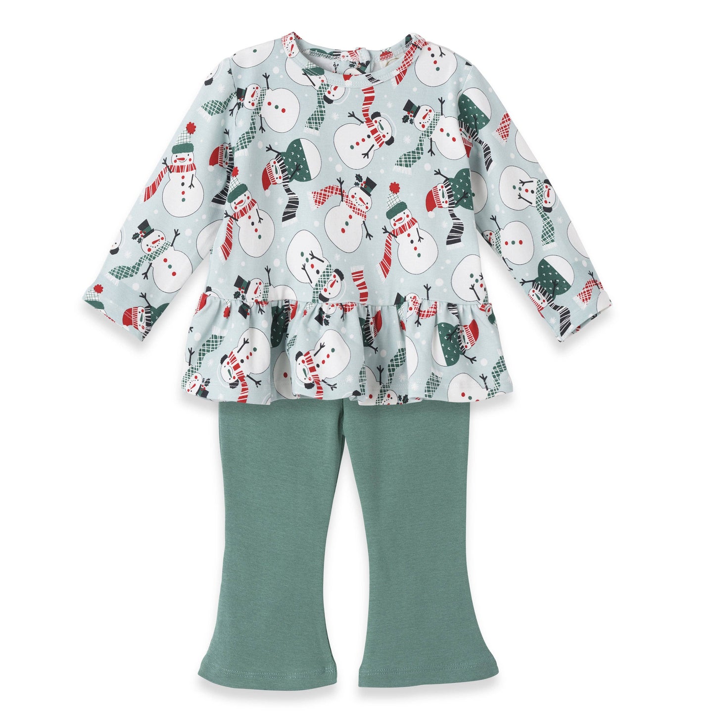 A festive Christmas outfit set for girls, consisting of a top with snowmen and snowflakes print and green leggings.