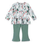 A festive Christmas outfit set for girls, consisting of a top with snowmen and snowflakes print and green leggings.