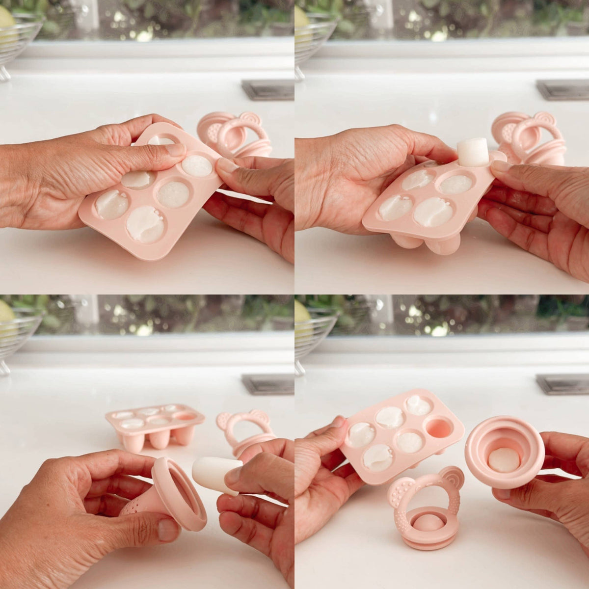 Collage of hands assembling a pink silicone baby self feeder set.
