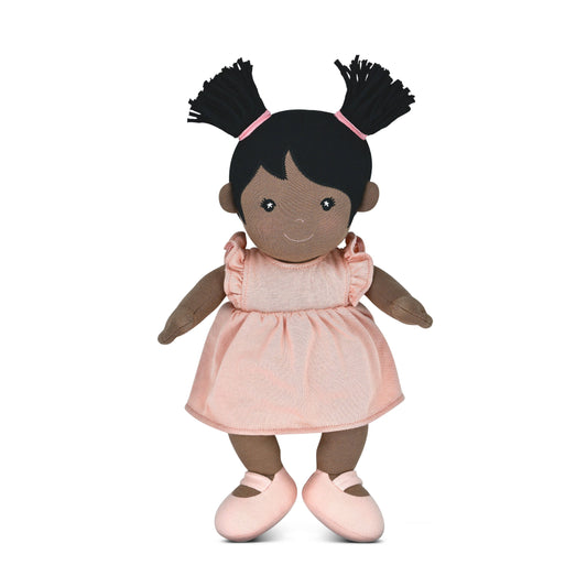 Apple Park Kids Mia soft doll in a dusty rose organic cotton dress, additional view