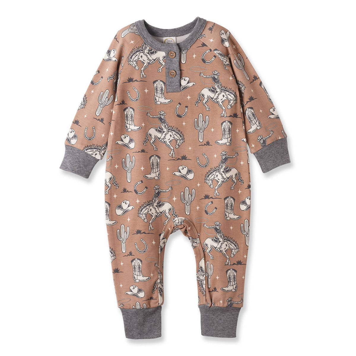 Baby onesie with cowboy and desert pattern on a white background