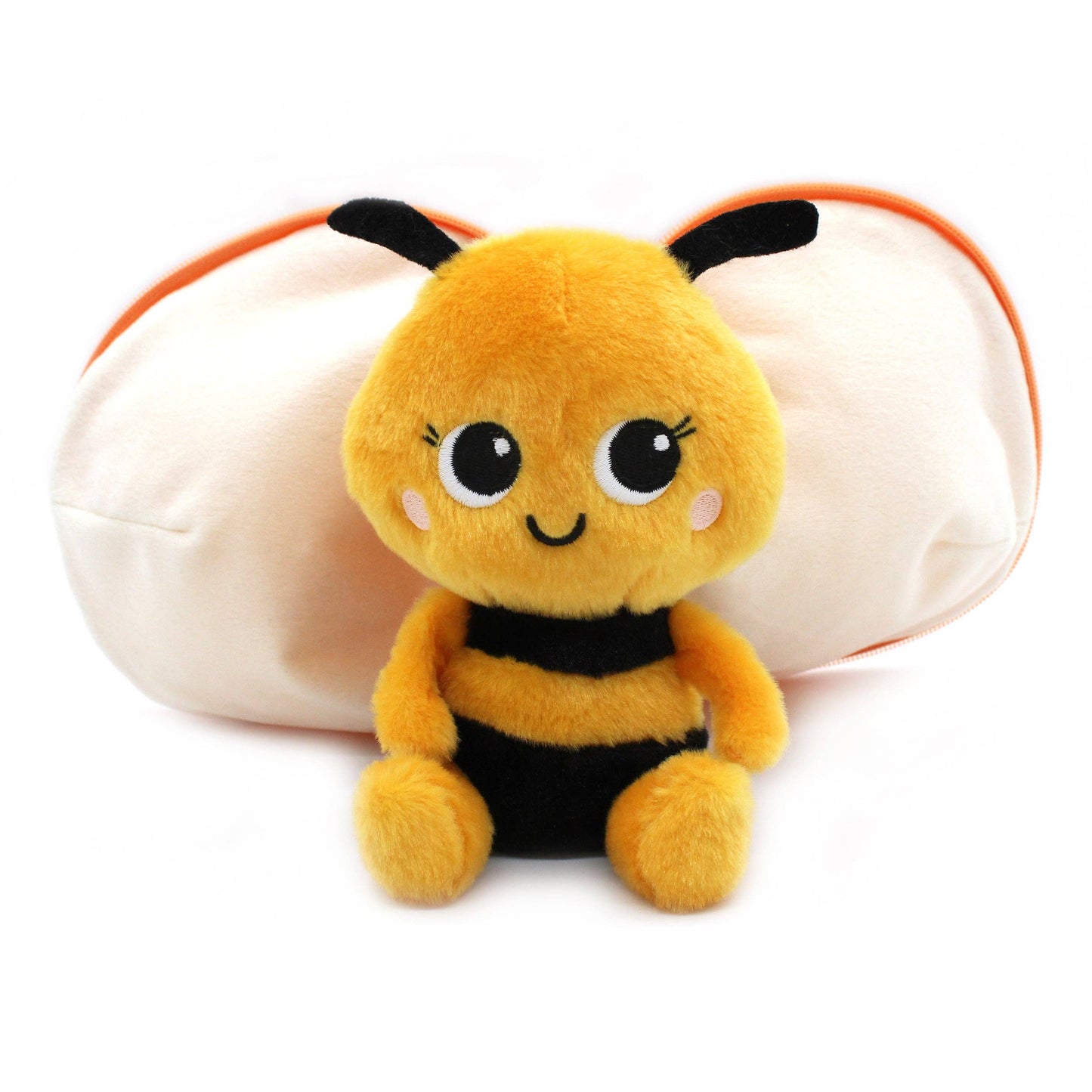 Plush bee toy with a white pouch on a white background