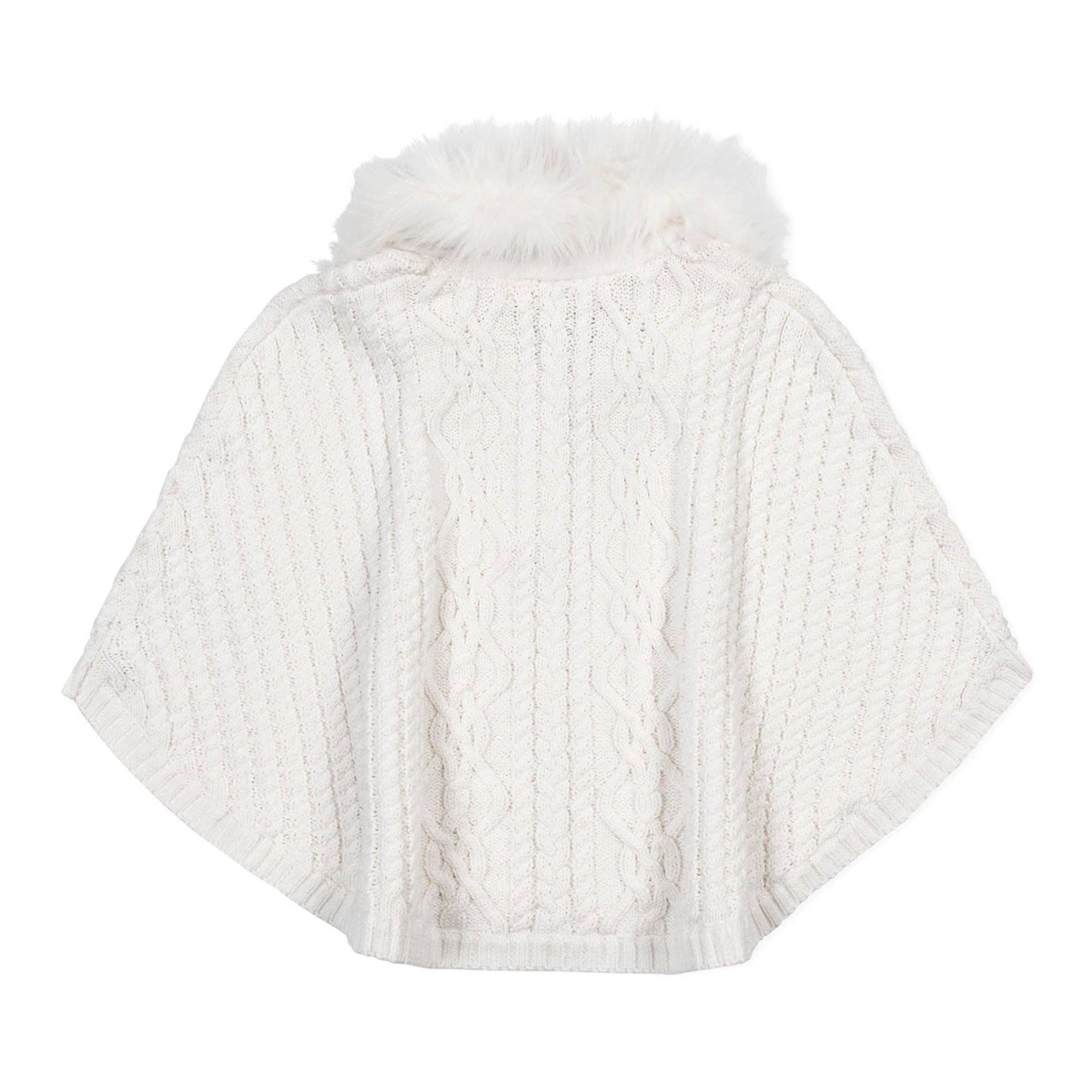 White knitted poncho with fur trim on a white background