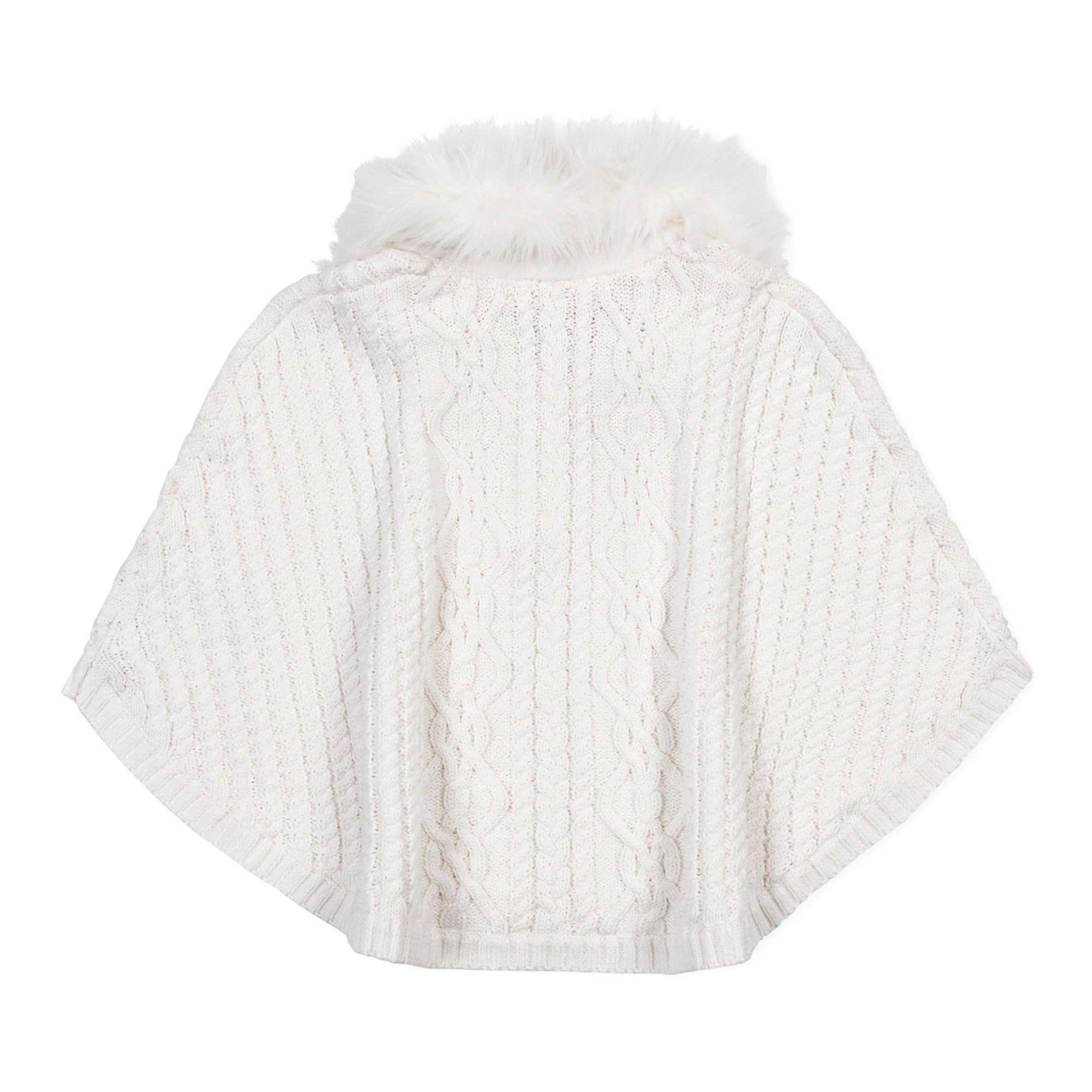White knitted poncho with fur trim on a white background