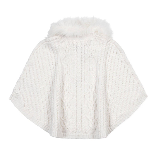 White knitted poncho with fur trim on a white background