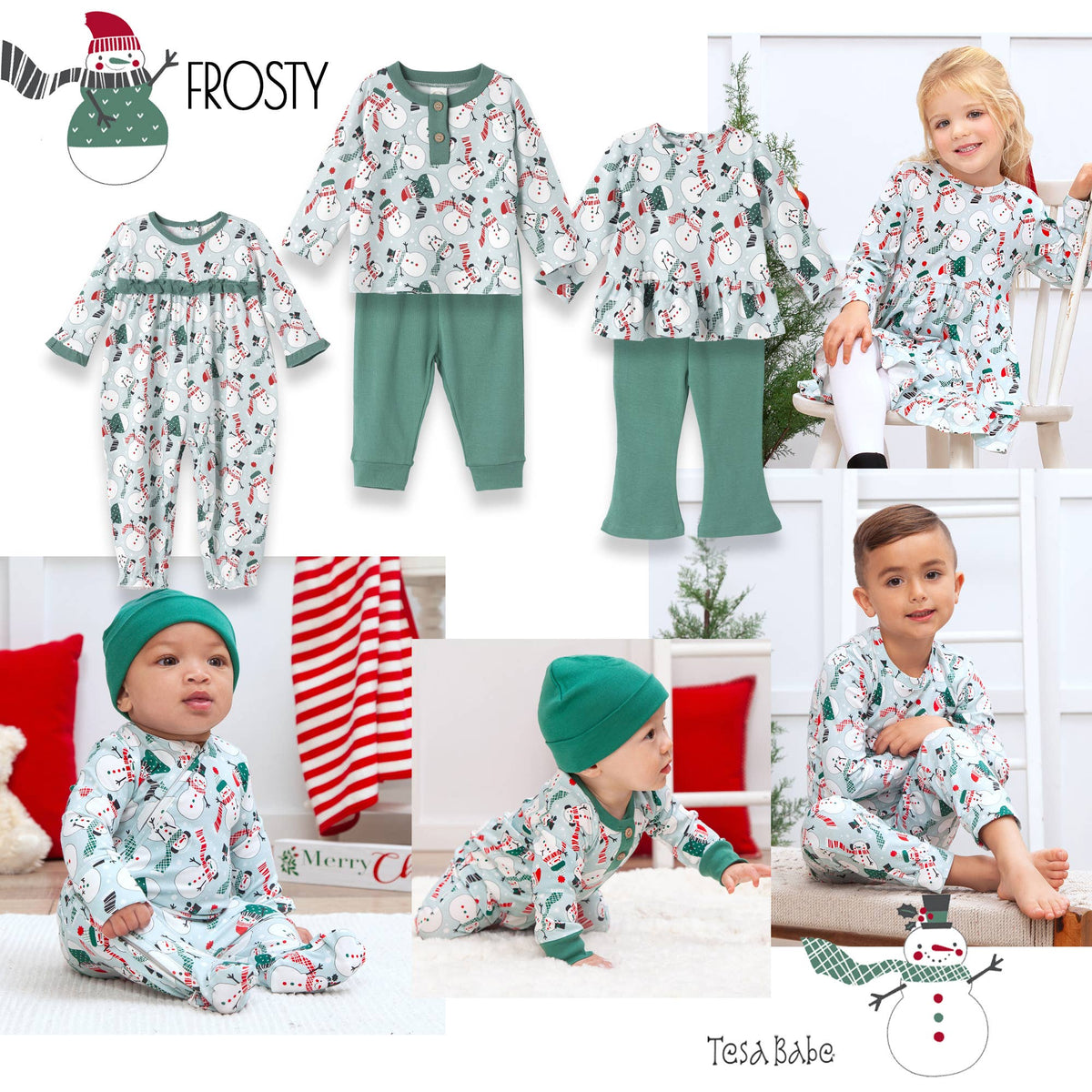 Children wearing festive pajamas with a snowman theme, set against a holiday background.