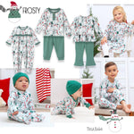 Children wearing festive pajamas with a snowman theme, set against a holiday background.