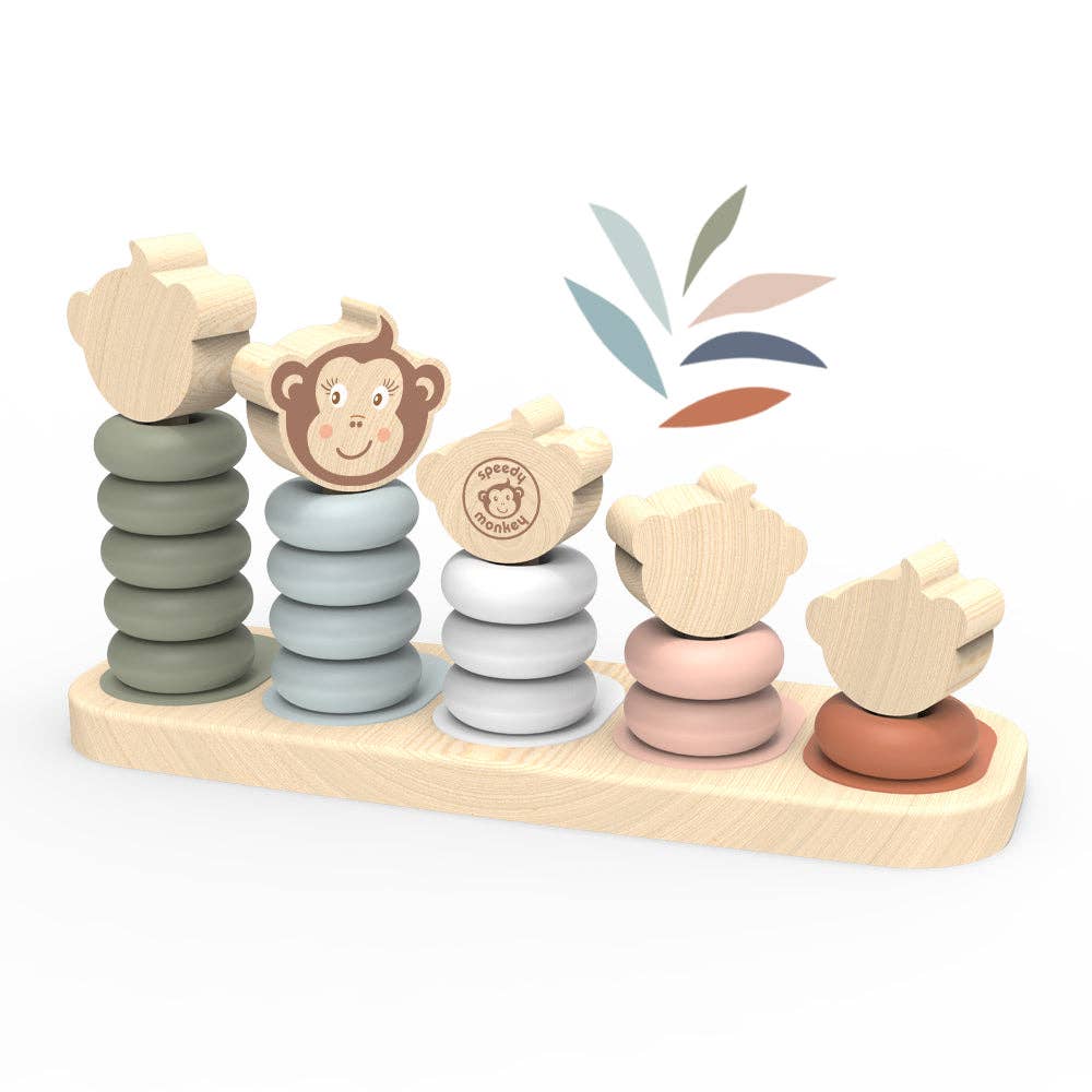 Wooden stacking toy with animal faces and colorful stacked rings on a white background
