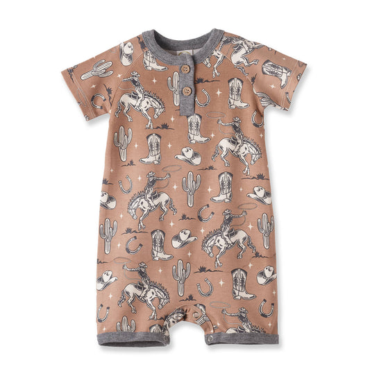 Baby romper with cowboy pattern on a white background