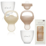 Baby pacifier feeder set with packaging on a white background, featuring the brand 'ali+oli'.