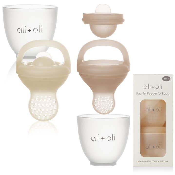 Baby pacifier feeder set with packaging on a white background, featuring the brand 'ali+oli'.