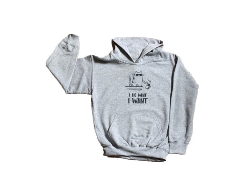 Gray hoodie with a graphic design on a white background
