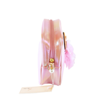Pink and gold purse with a tag on a white background