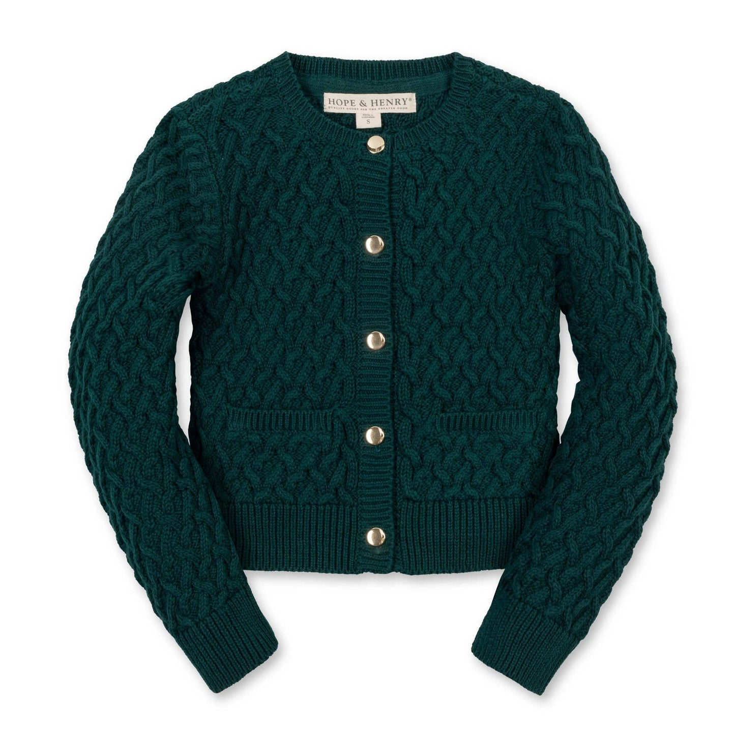 Green knitted cardigan with button details on a white background