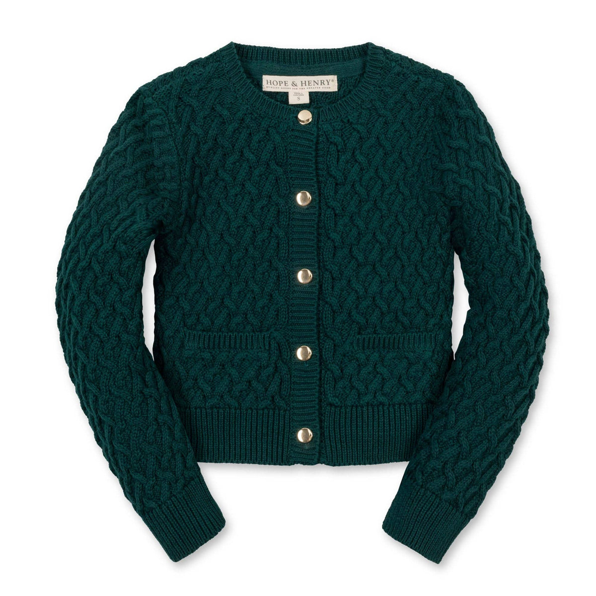 Green knitted cardigan with button details on a white background