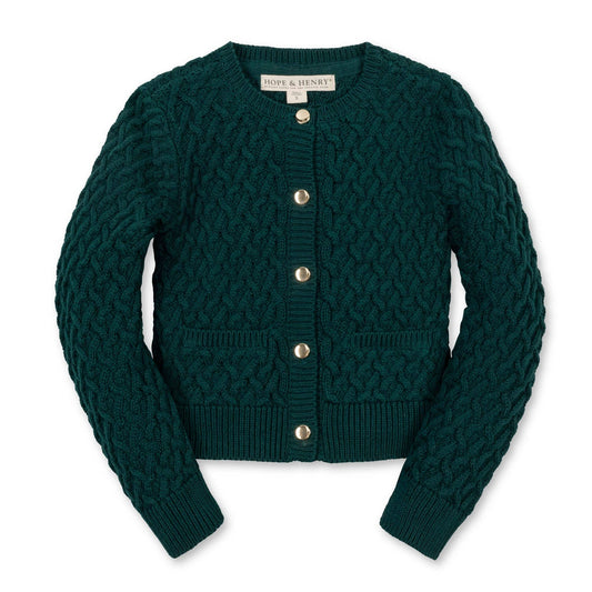 Green knitted cardigan with button details on a white background
