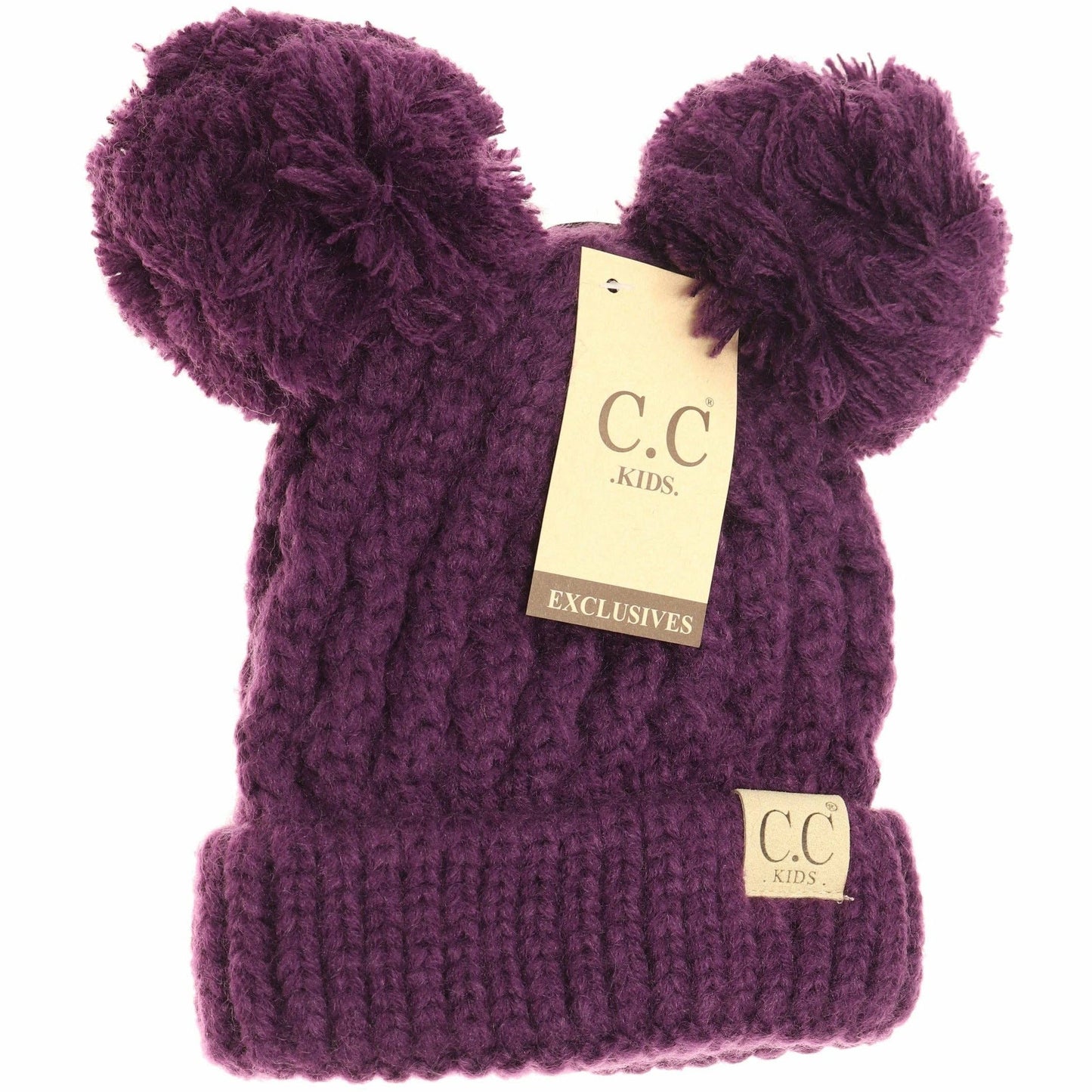 Kids Solid Double Pom CC Beanies Dark Purple