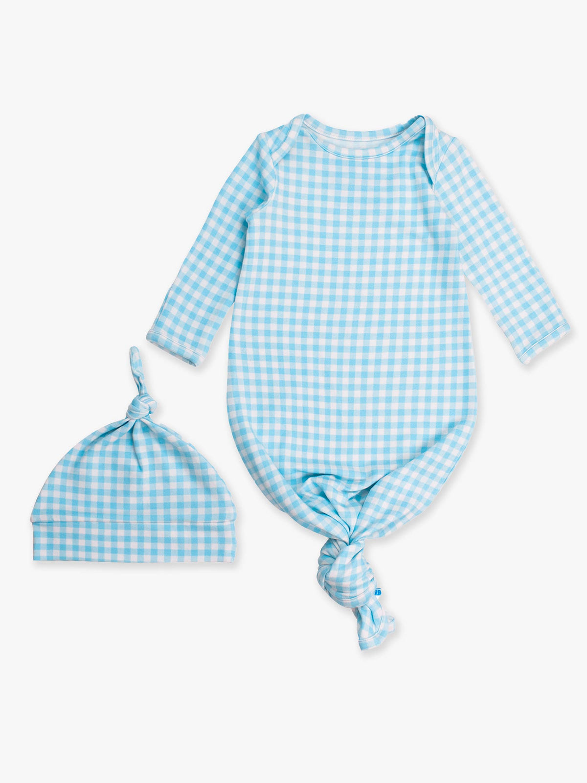Blue gingham baby wrap and hat set on a white background