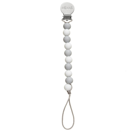 Pacifier clip with gray beads on a white background
