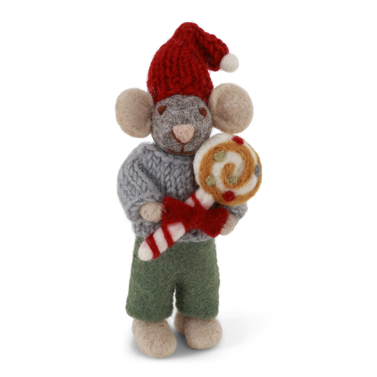 A handcrafted wool mouse figurine wearing a red knit Santa hat, gray sweater, and green pants, holding a red-and-white striped lollipop against a plain white background.