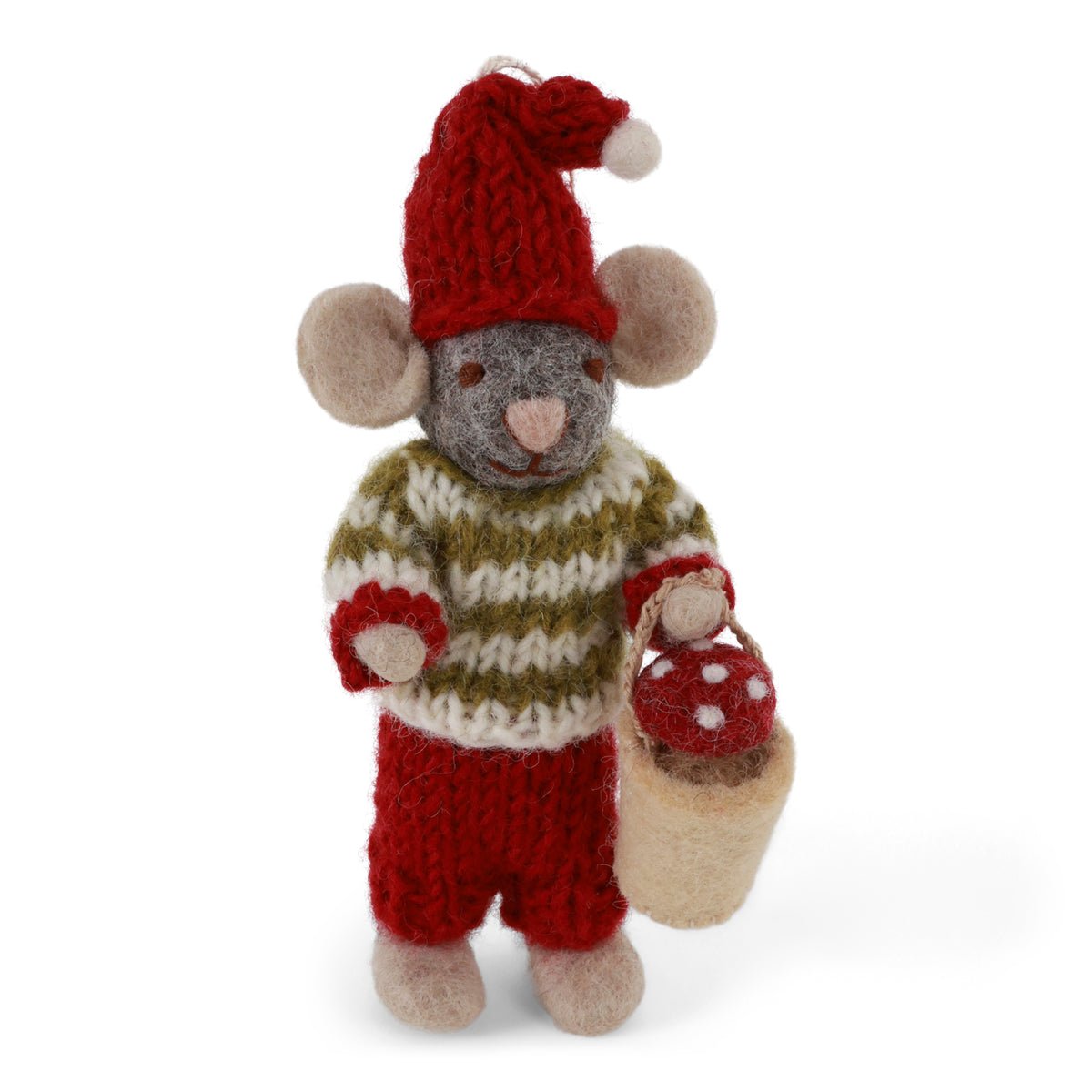 A handcrafted felt mouse doll wearing a red knit hat, a green and cream striped sweater, and red knit pants, holding a small red-and-white mushroom and a cream cup, photographed on a clean white background.