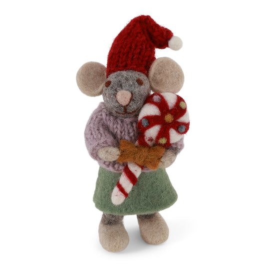 Felted Christmas mouse toy with a red hat, green coat, and candy cane on a white background