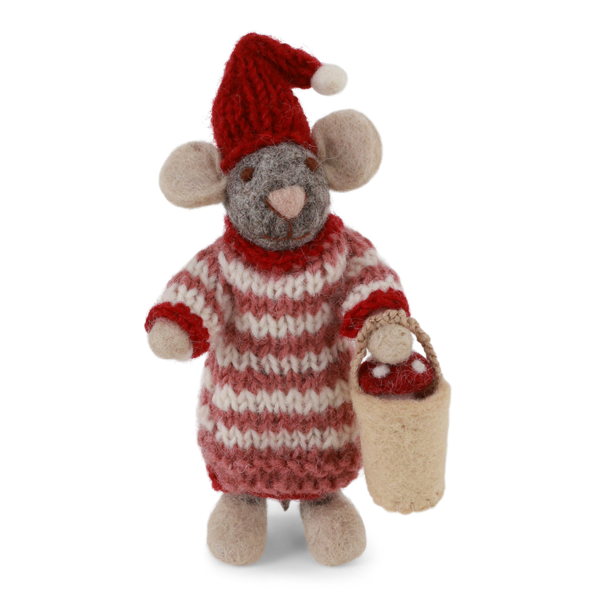 A plush toy mouse wearing a red and cream striped knit sweater, a red knit Santa hat, and holding a small cream-colored basket with a red lid, photographed on a clean white background.